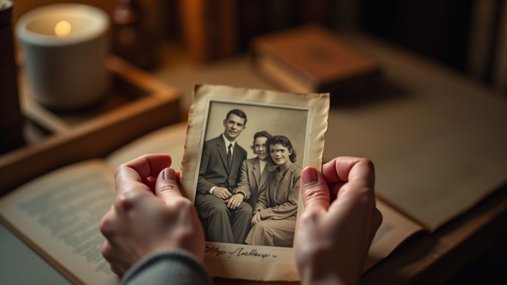 Hände halten ein altes Familienfoto über Büchern und Erinnerungsstücken