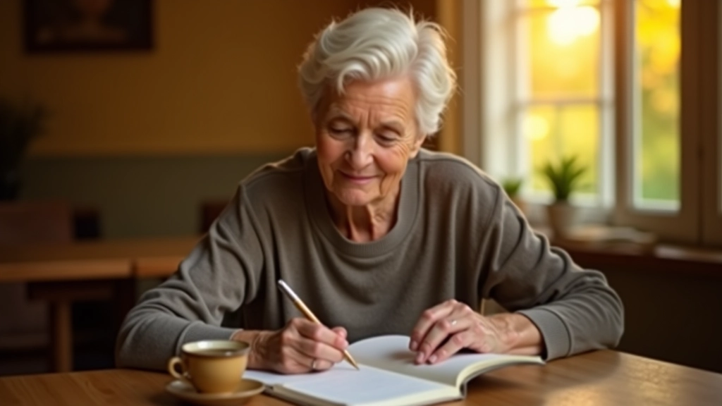 Seniorin schreibt in Notizbuch an Tisch mit Tee