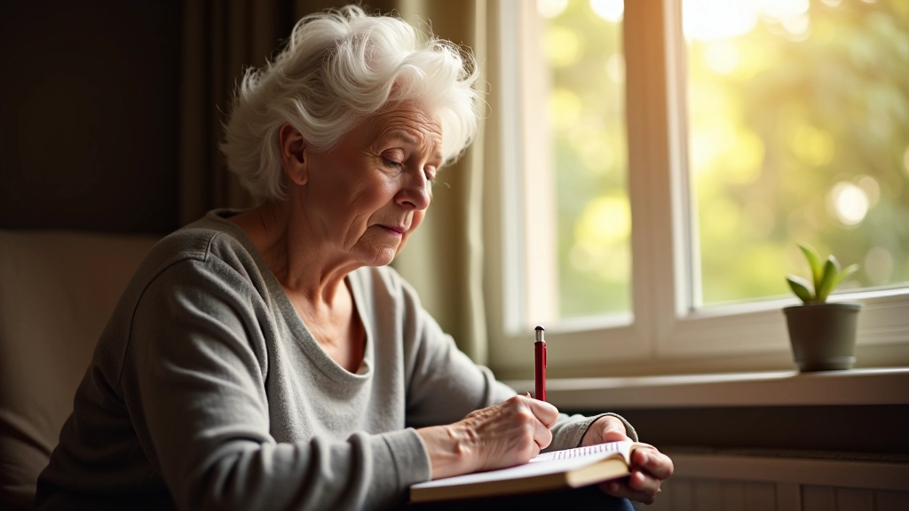 Ältere Frau schreibt nachdenklich in ihr Tagebuch am Fenster