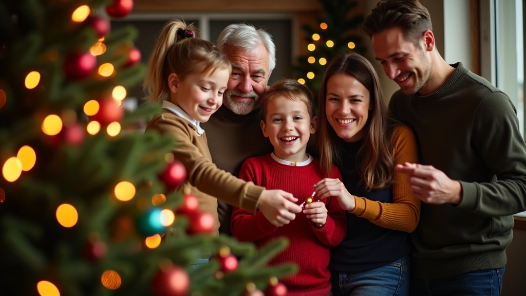 Familie schmückt gemeinsam den Weihnachtsbaum, verschiedene Generationen, farbige Lichter, warme Festlichkeit