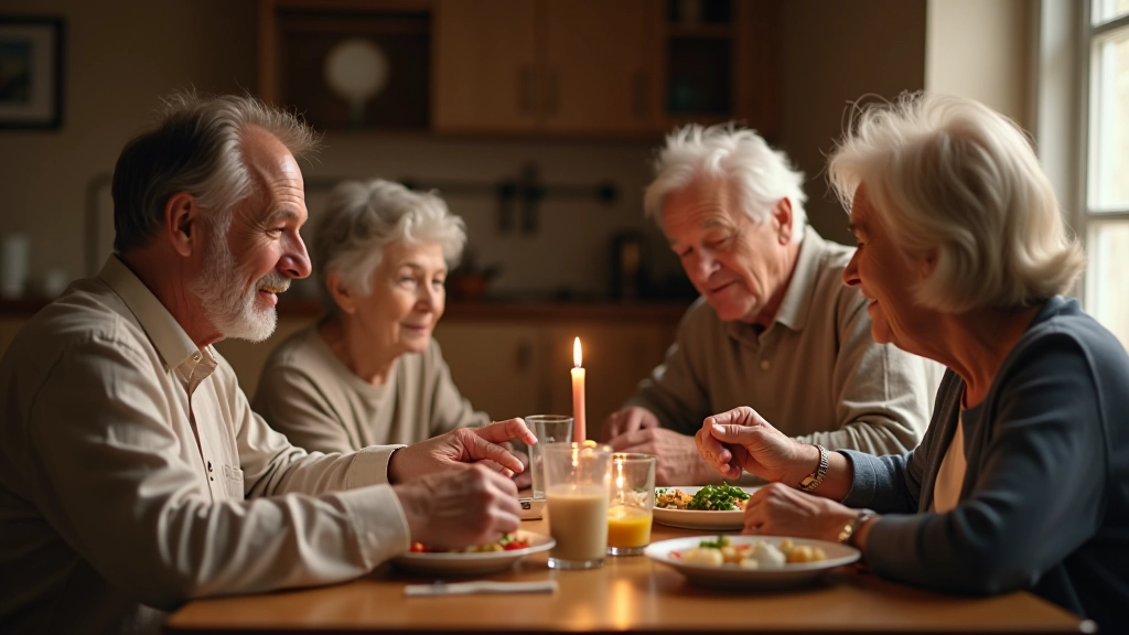 Mehrere Generationen sitzen zusammen am Esstisch und teilen ein Familienessen, warmes Licht, authentische Momente