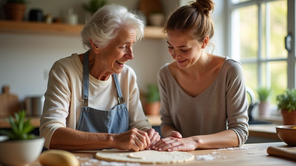 Ältere Frau und junge Frau backen zusammen in der Küche, heben Teig, gemeinsames Lachen, natürliches Licht aus dem Fenster