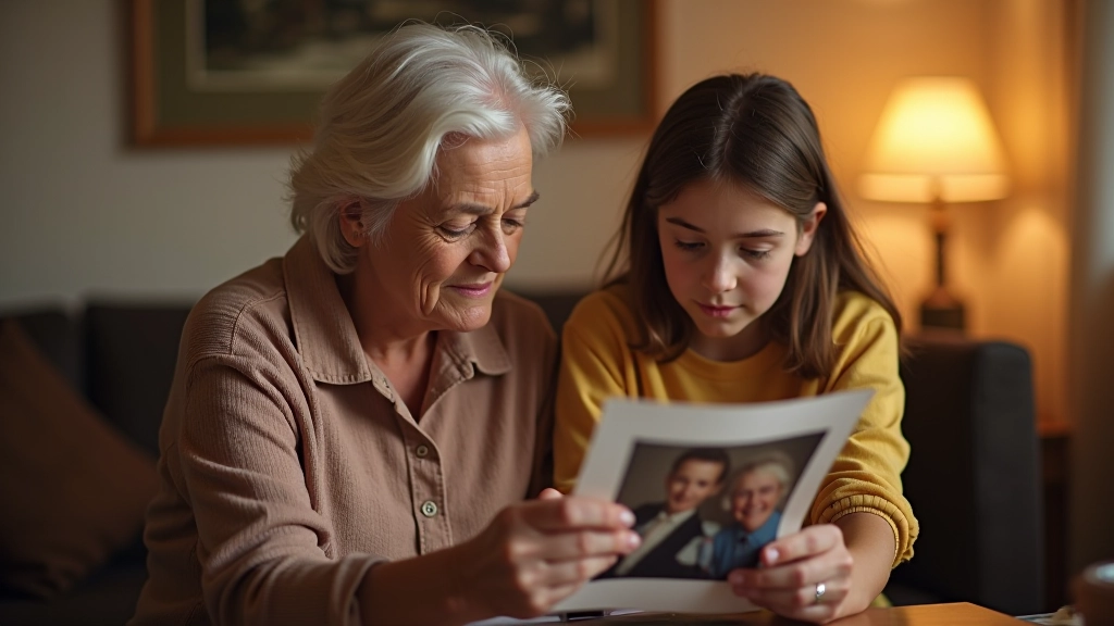 Großmutter zeigt Enkelin alte Familienfoto