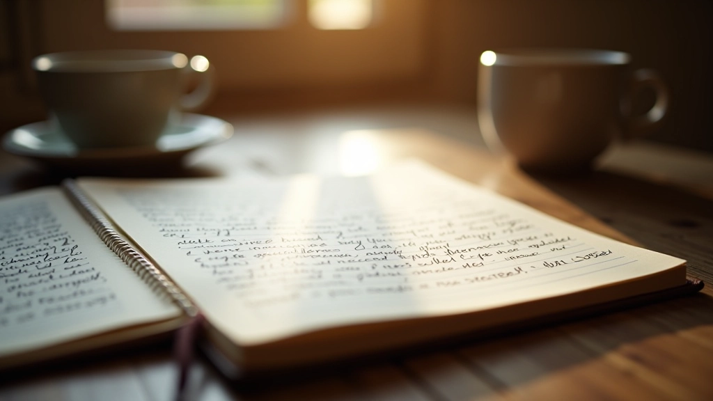 Offenes Notizbuch mit handschriftlichem Text auf einem Holzschreibtisch mit warmem Licht