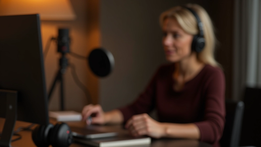 Modernes digitales Aufnahmegerät und Kopfhörer auf einem minimalistischen Schreibtisch mit gedimmtem Licht