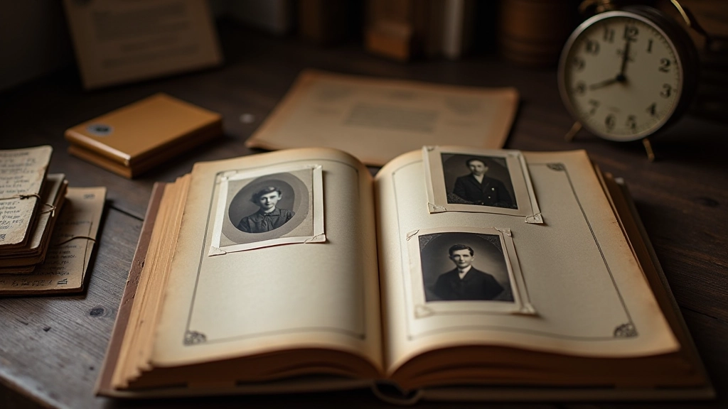 Alte Familienfotos in einem Buch oder Album, sorgfältig arrangiert mit persönlichen Gegenständen
