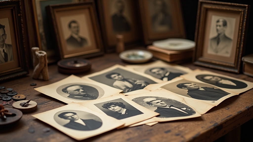 Alte Familienfotos arrangiert auf einem Holztisch mit Vintage-Rahmen und Erinnerungsstücken