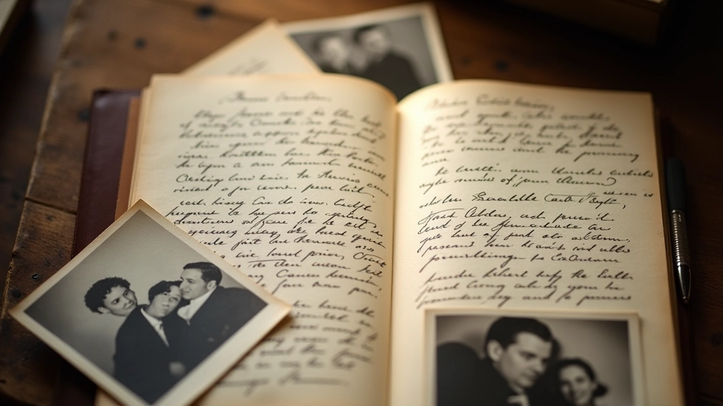 Alte handgeschriebene Briefe und Fotos in einem Ordner arrangiert