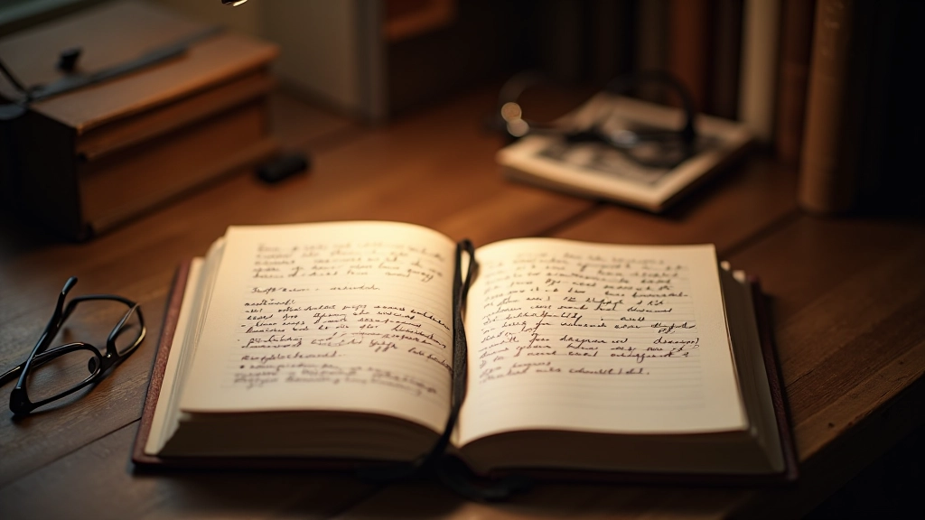 Handschriftliches Tagebuch mit alten Fotos und persönlichen Notizen, offene Seiten mit Erinnerungen, warme Beleuchtung