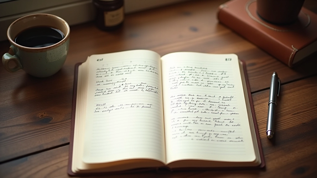 Offenes Notizbuch mit handgeschriebenen Notizen auf einem Holztisch neben einer Tasse Kaffee