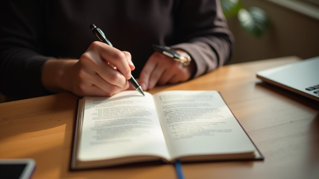 Person schreibt in einem strukturierten Notizbuch mit Kapitelüberschriften und Markierungen, warmes Licht