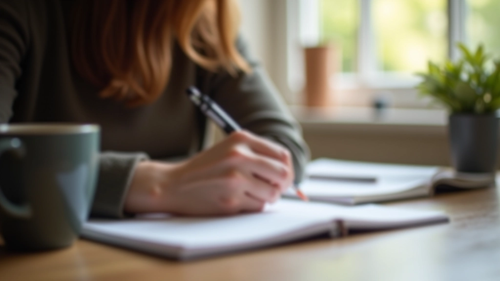 Hände einer Person, die über einem Journal nachdenkt, mit Kaffee daneben