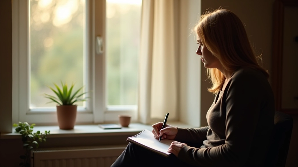 Person sitzt am Fenster mit Notizbuch, nachdenklich, warmes Licht, friedliche Atmosphäre