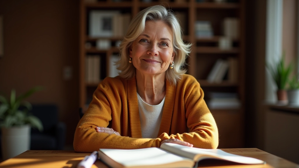 Eine Frau schreibt ihre Lebensgeschichte in ein Journal auf ihrem Schreibtisch