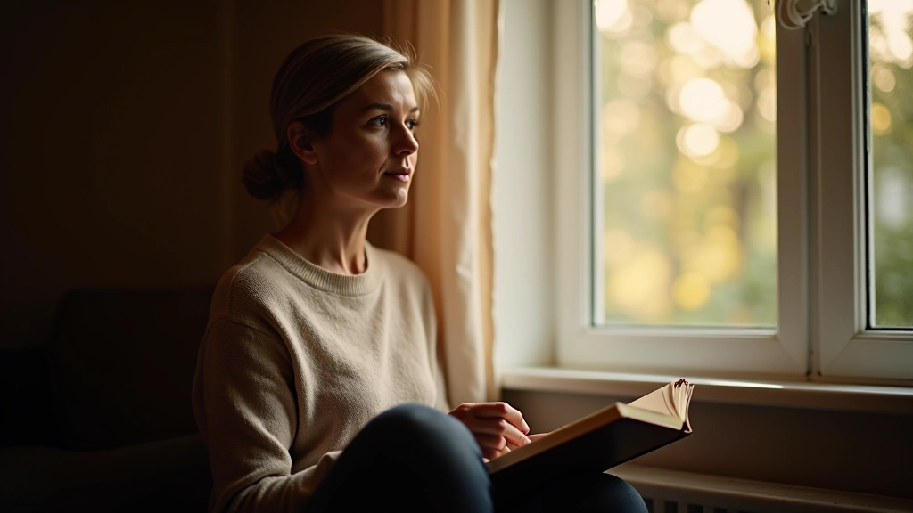 Person sitzt nachdenklich am Fenster und schaut hinaus, mit einem Tagebuch in der Hand