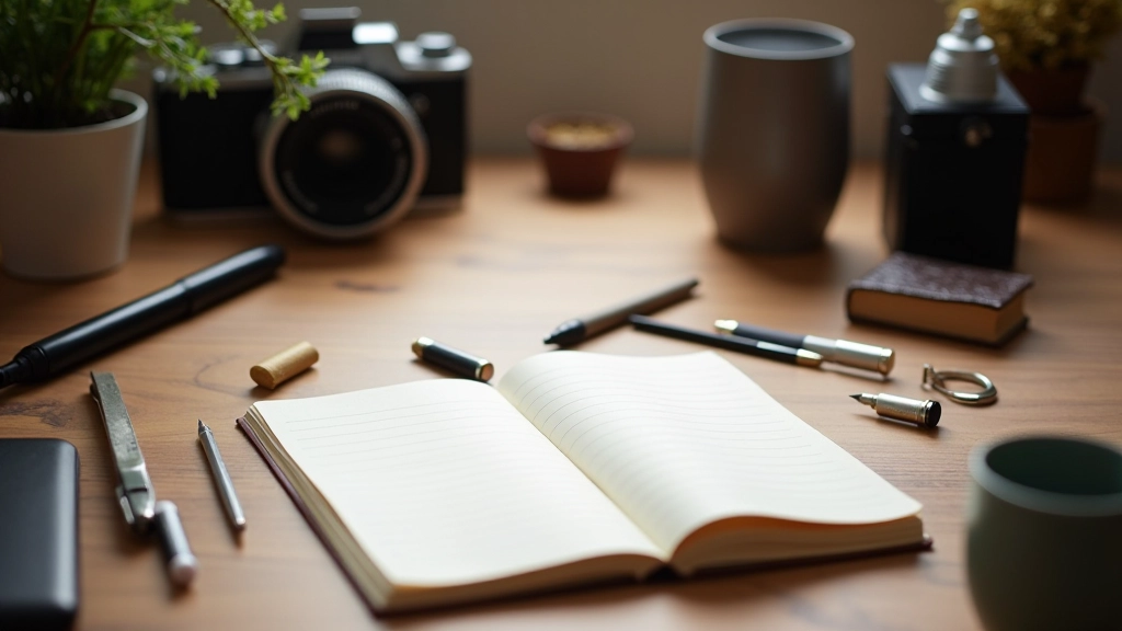 Schreibtisch eines Autors mit verschiedenen Werkzeugen, Tagebüchern und Schreibgeräten