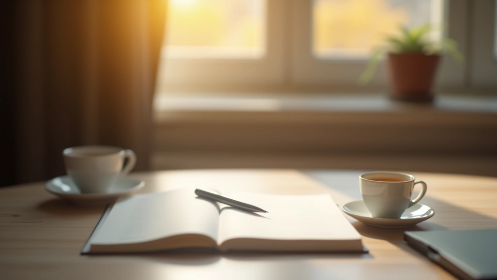 Schreibtisch mit Stift, Notizbuch und einer Tasse Tee in warmer Beleuchtung